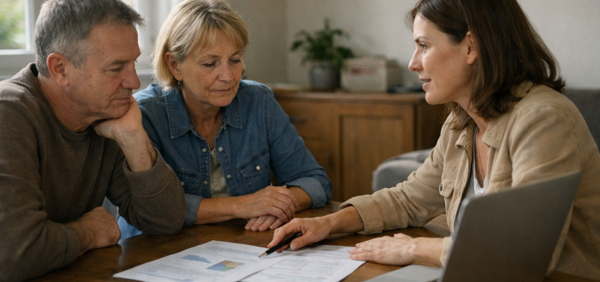 Jeune femme montrant des documents à un couple