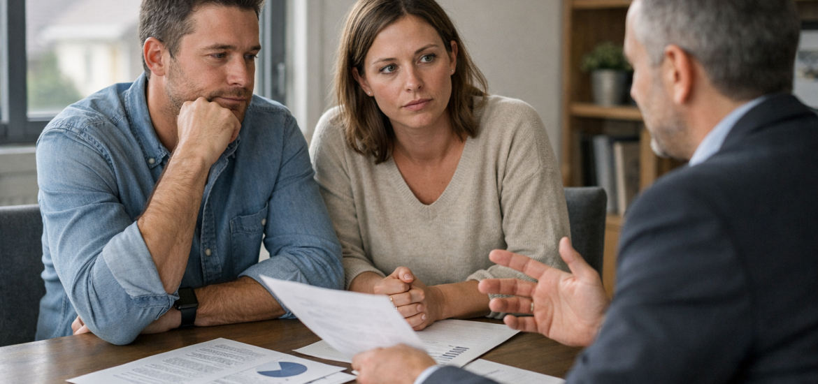 Couple en discussion avec un conseiller, documents à la main