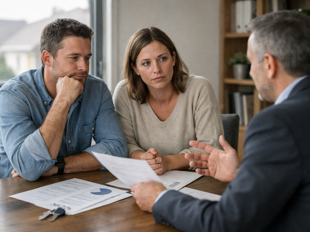 Couple en discussion avec un conseiller, documents à la main