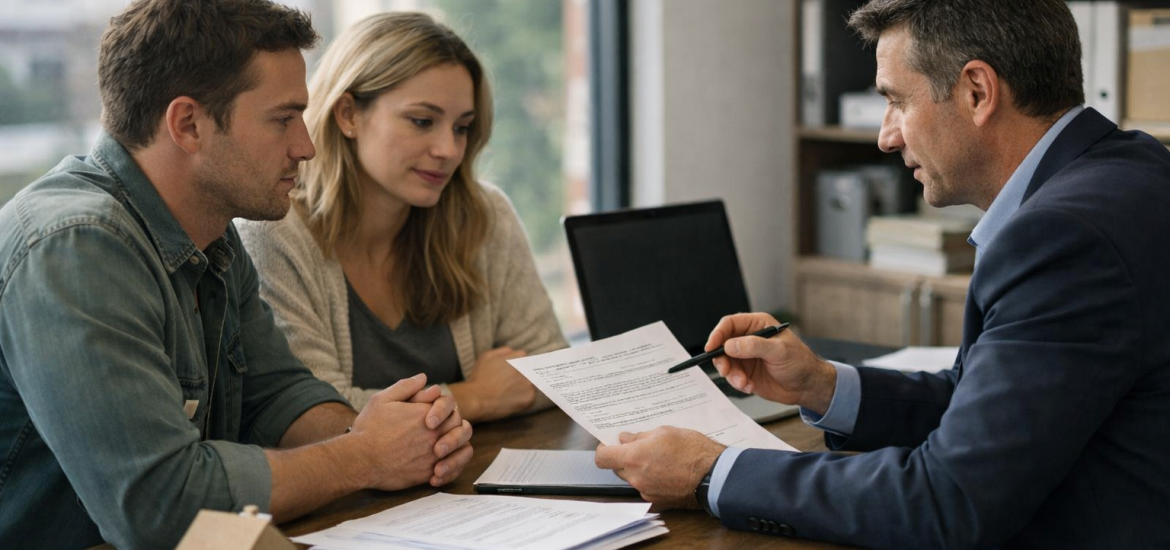 Conseiller montrant un document à un couple