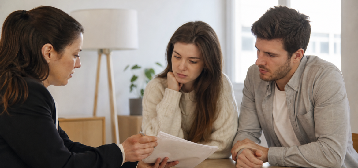 Conseillère expliquant des documents à un couple