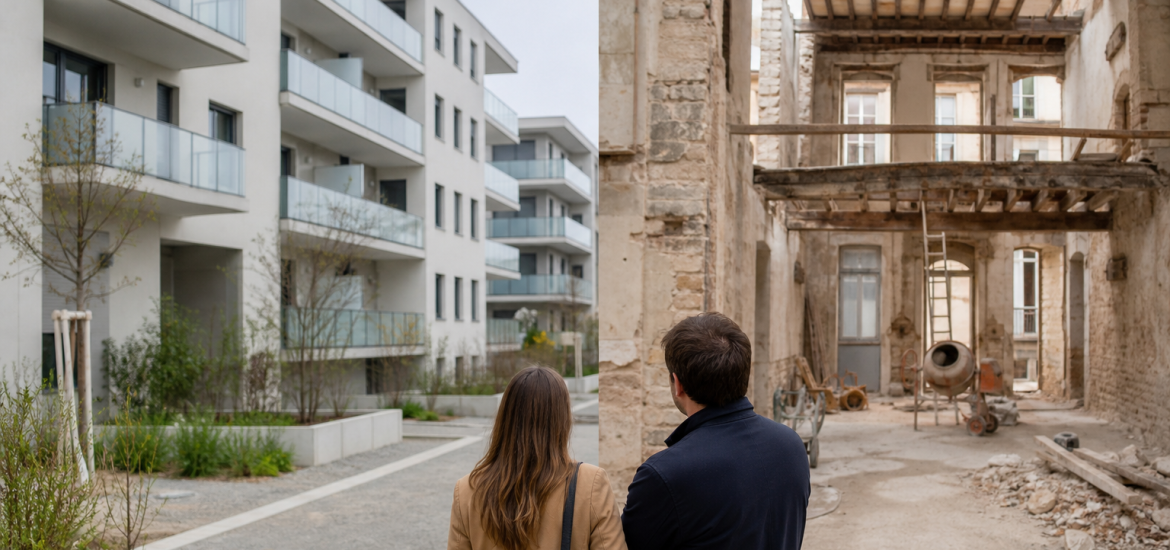Deux personnes observant immeubles modernes et façade historique