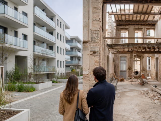 Deux personnes observant immeubles modernes et façade historique