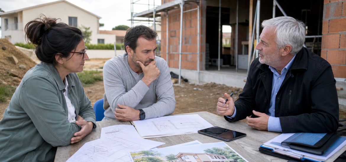 Trois personnes examinant des plans sur un chantier