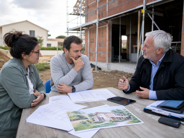 Trois personnes examinant des plans sur un chantier