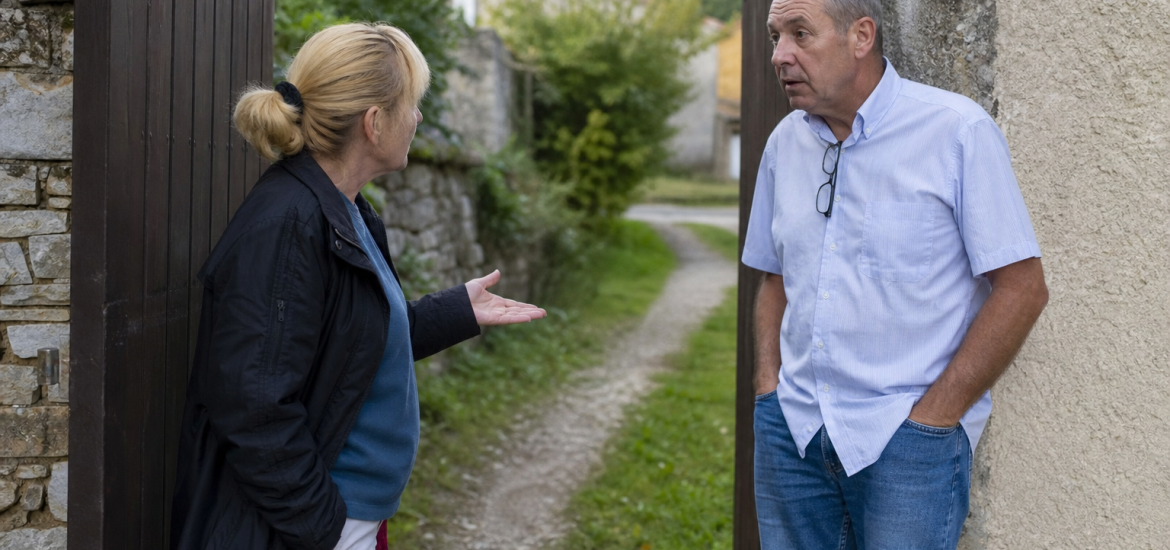 Femme et homme discutant sur un chemin étroit